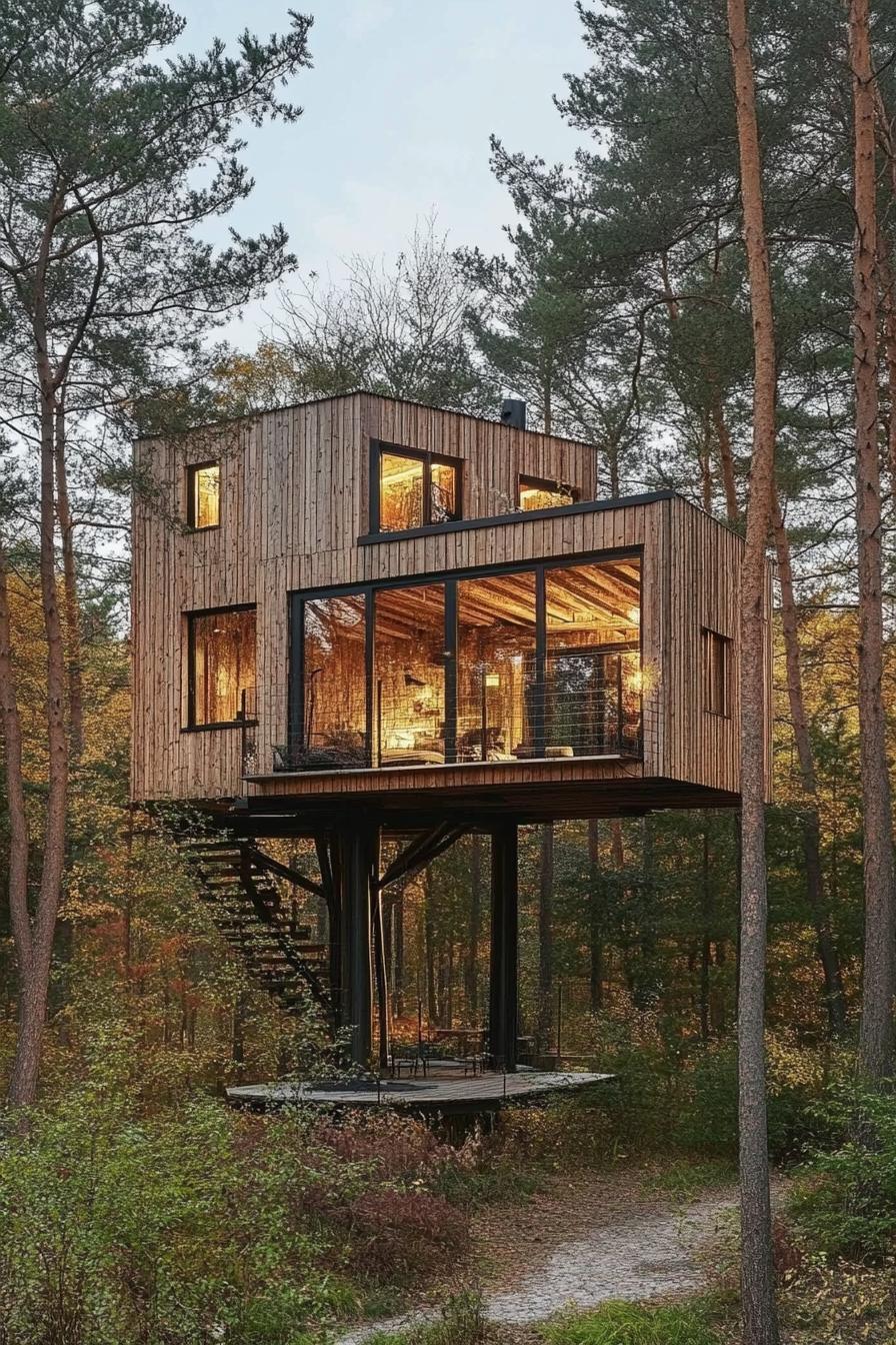 modern treehouse timber cabin home in a stunning pine forest with high trees 2