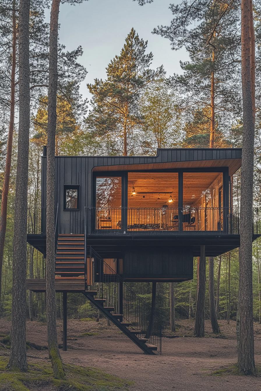 modern treehouse timber cabin home in a stunning pine forest with high trees 3