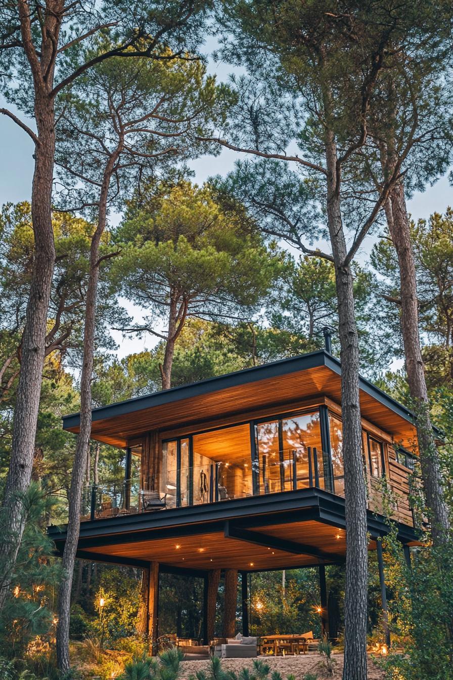 modern treehouse timber cabin home in a stunning pine forest with high trees