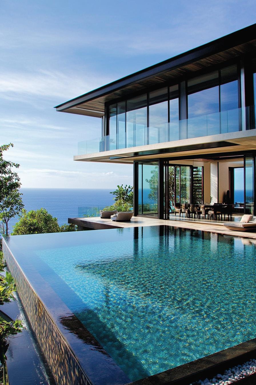 modern villa with all glass walls in stunning tropical oceanside