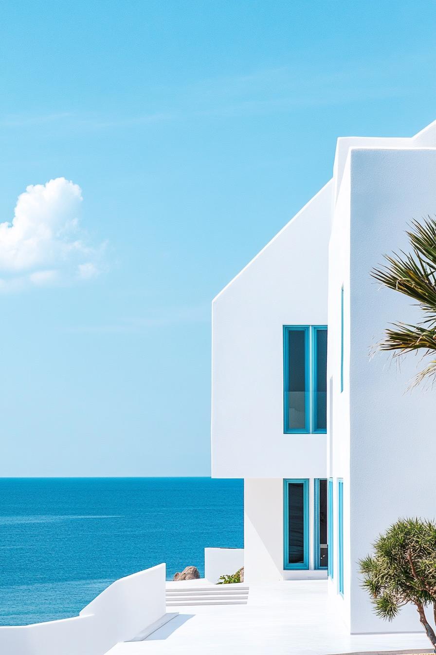 modern white geometric villa house facade with blue trim ocean views 1