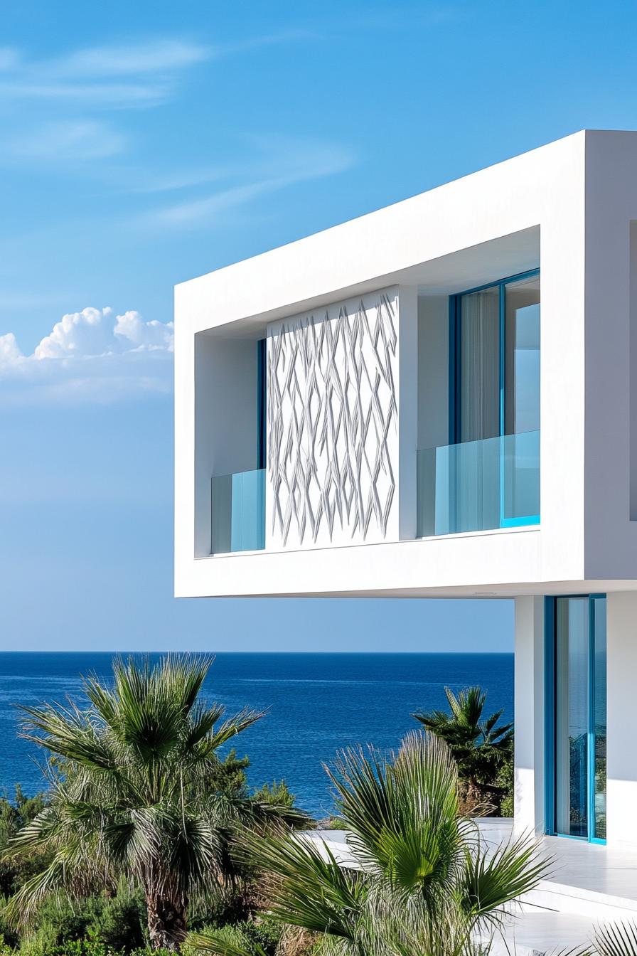 modern white geometric villa house facade with blue trim ocean views 2