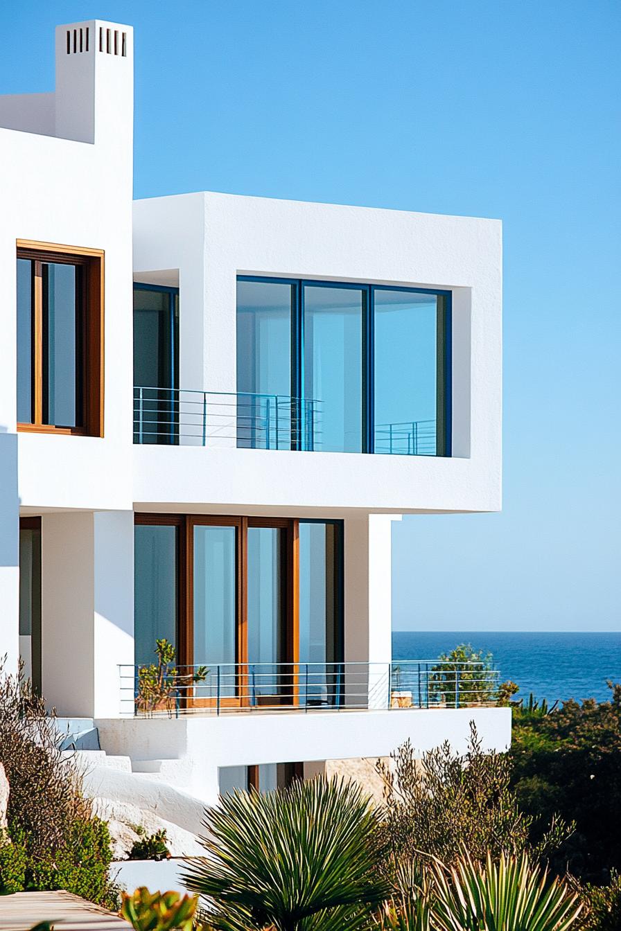 modern white geometric villa house facade with blue trim ocean views 3