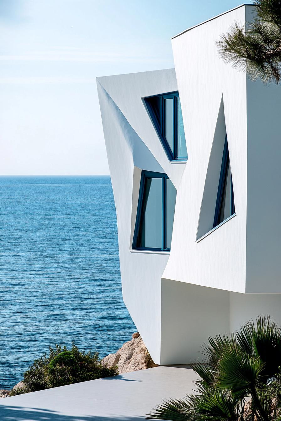 modern white geometric villa house facade with blue trim ocean views