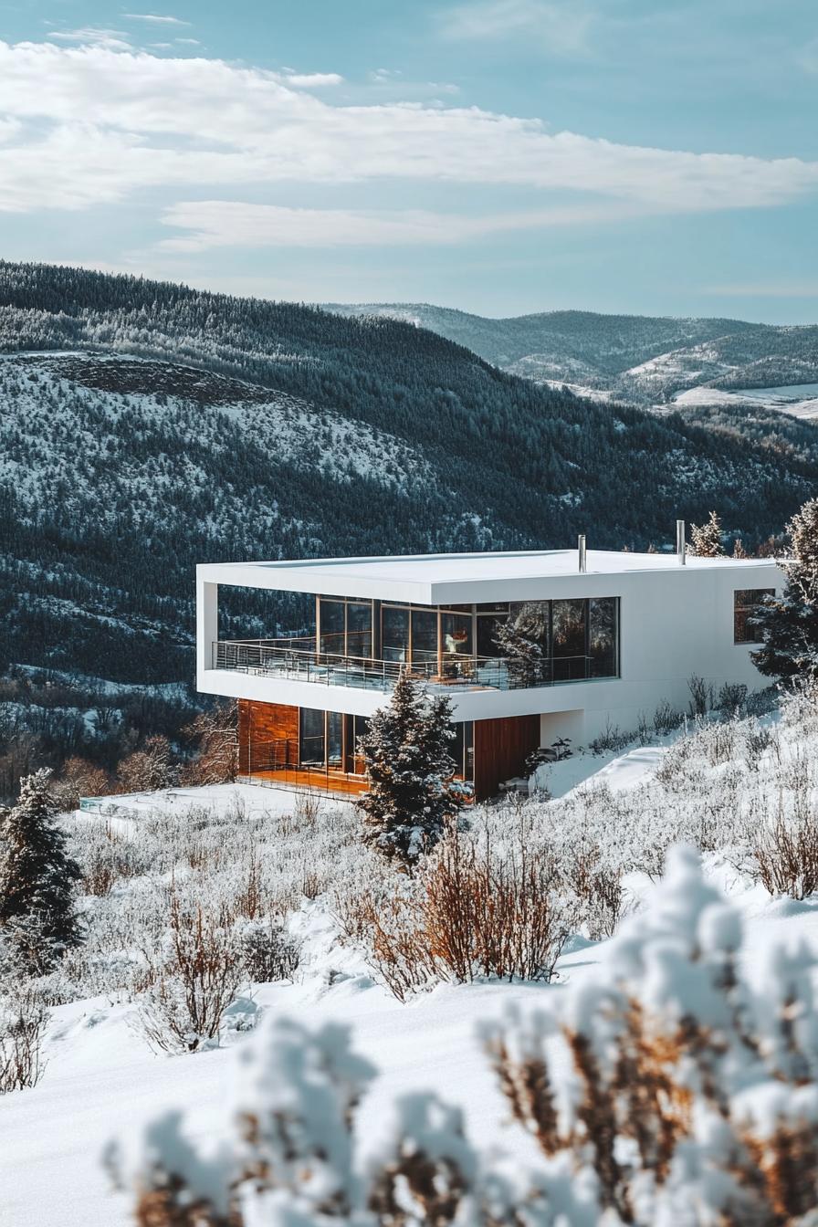 modern white house in snowy mountains with stunning hills view 1