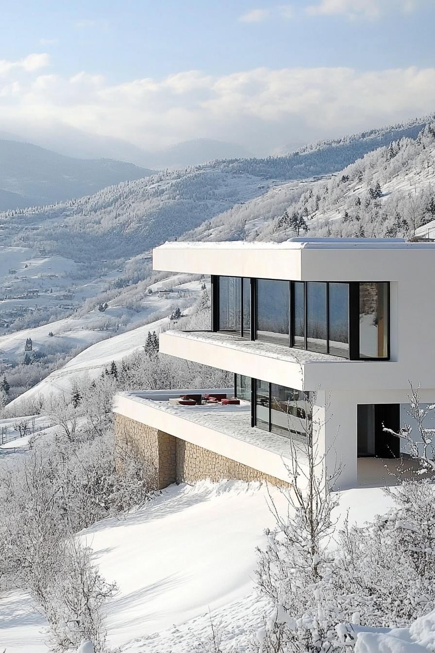 modern white house in snowy mountains with stunning hills view 2