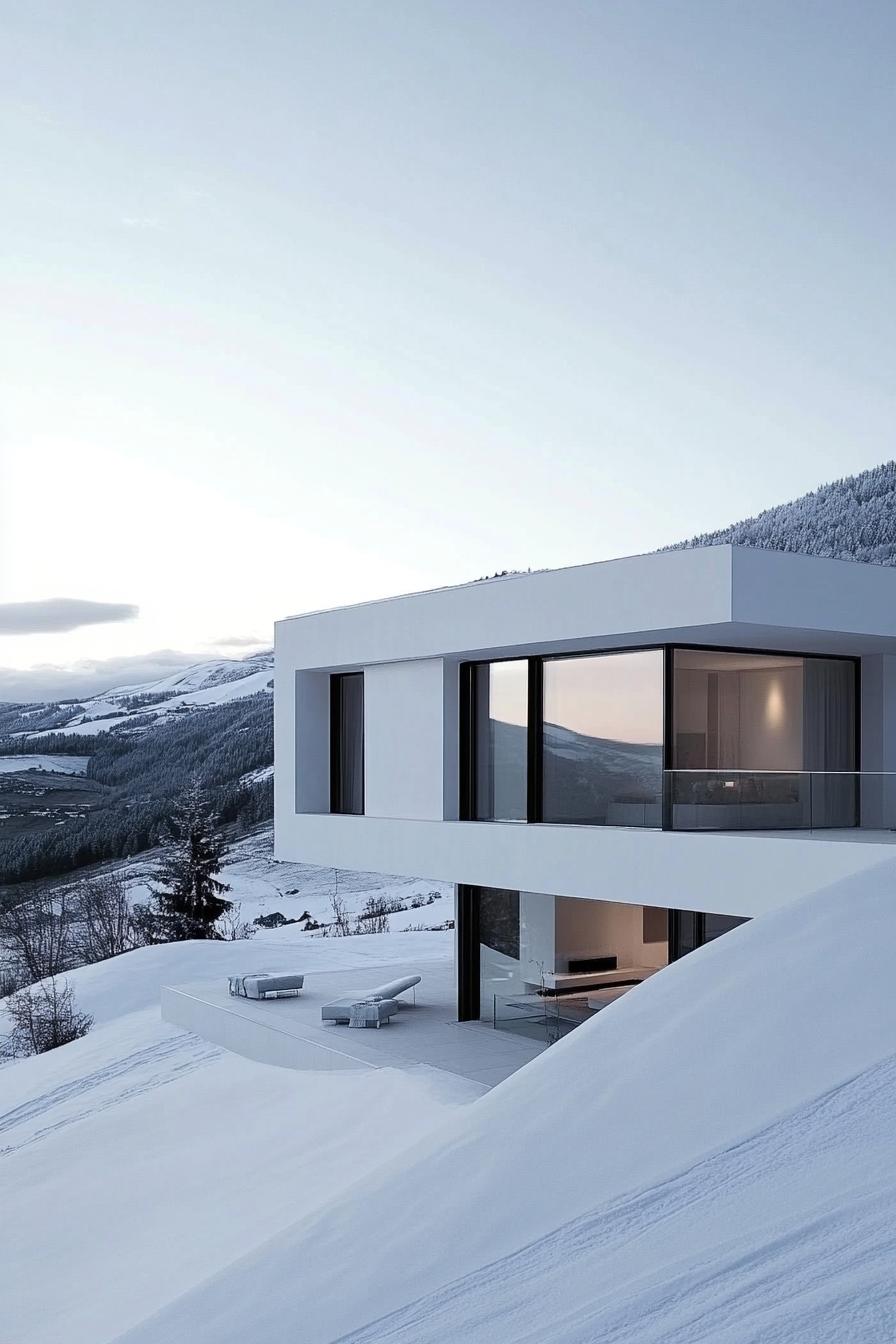 modern white house in snowy mountains with stunning hills view