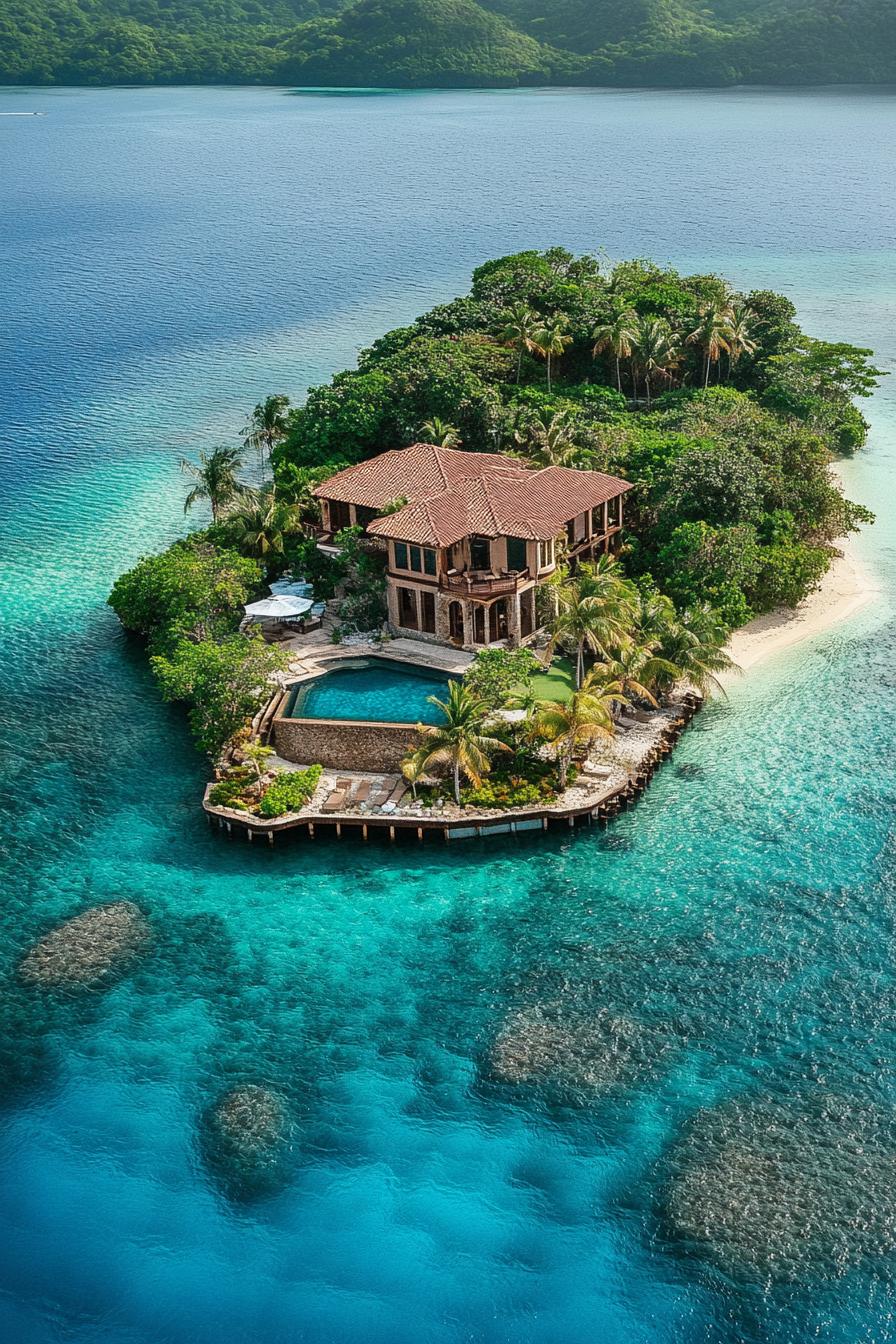 private tropical island mansion with overwater bungalows