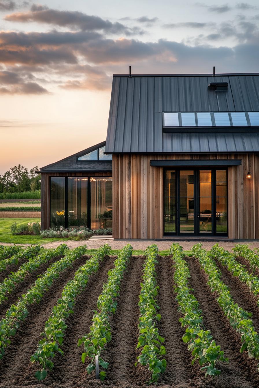 rural modern house exterior rustic wood paneling with metal frontal view neat young crop fields in the foreground 1