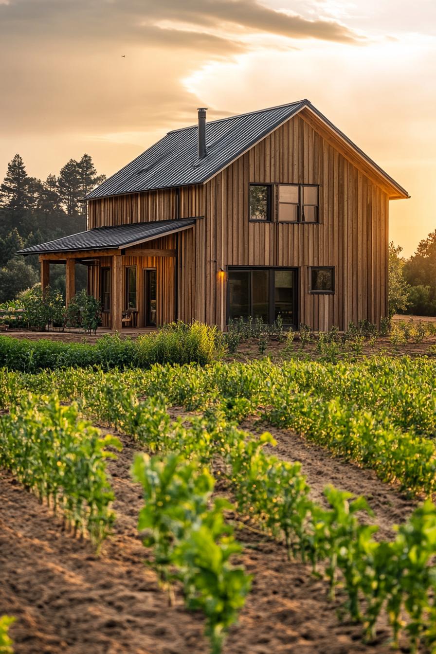 rural modern house exterior rustic wood paneling with metal frontal view neat young crop fields in the foreground 2