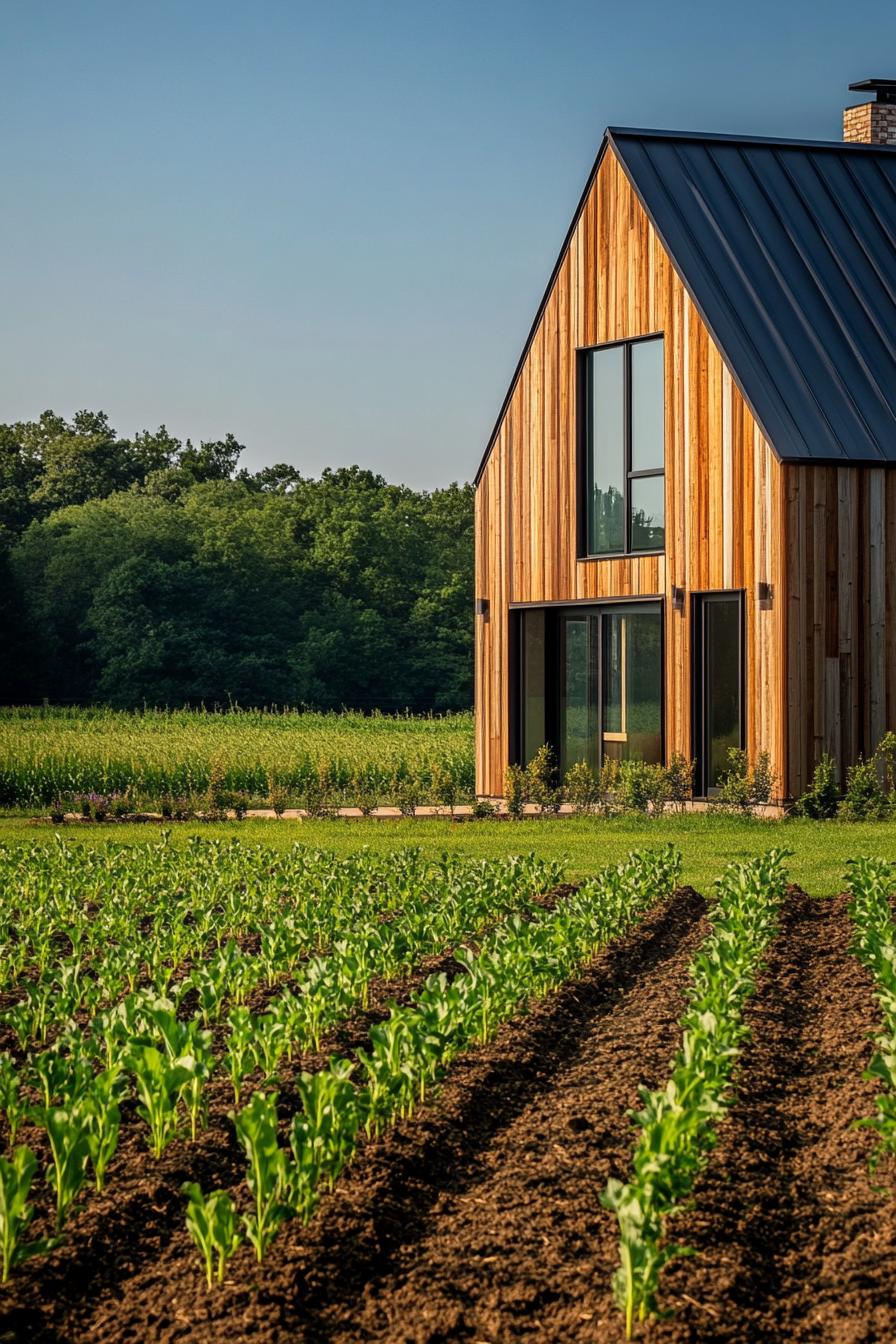 rural modern house exterior rustic wood paneling with metal frontal view neat young crop fields in the foreground 3