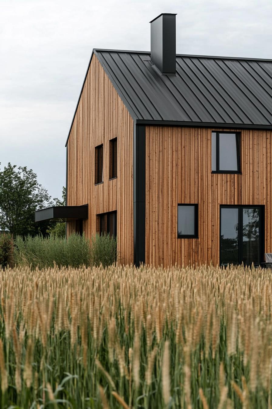 rural modern house exterior rustic wood paneling with metal frontal view neat young crop fields in the foreground