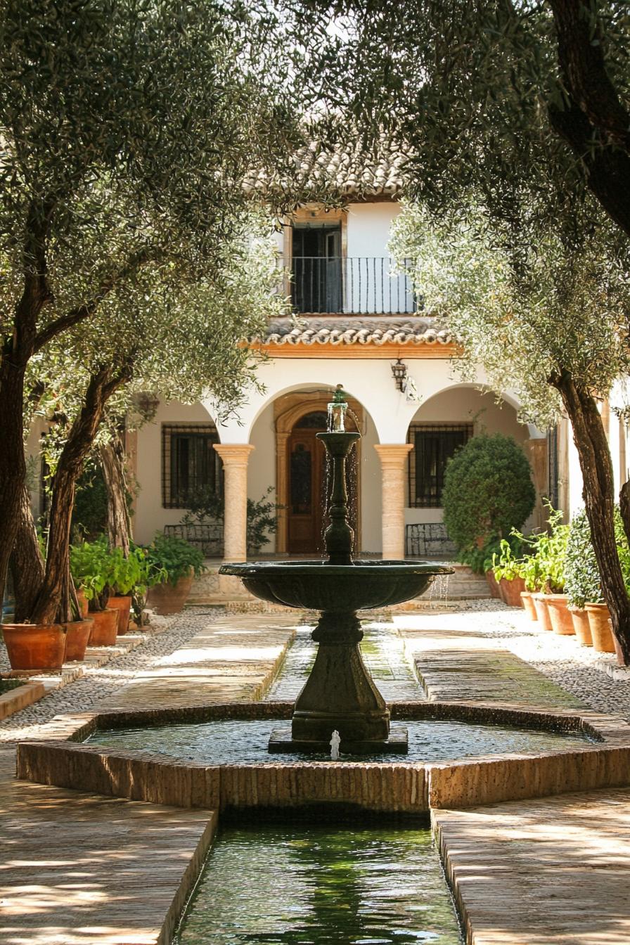 spanish villa courtyard with central fountain and olive trees 1