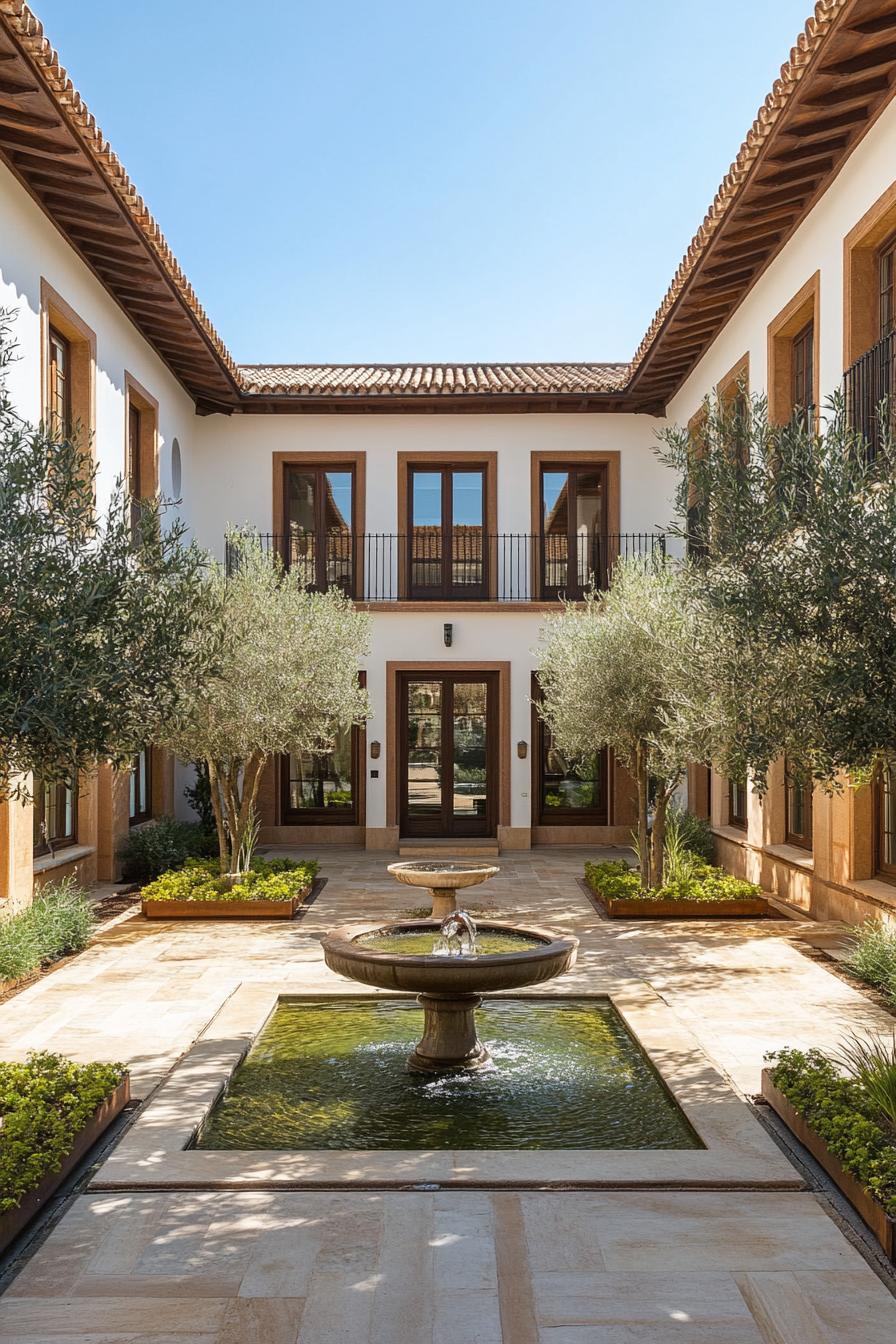 spanish villa courtyard with central fountain and olive trees 2