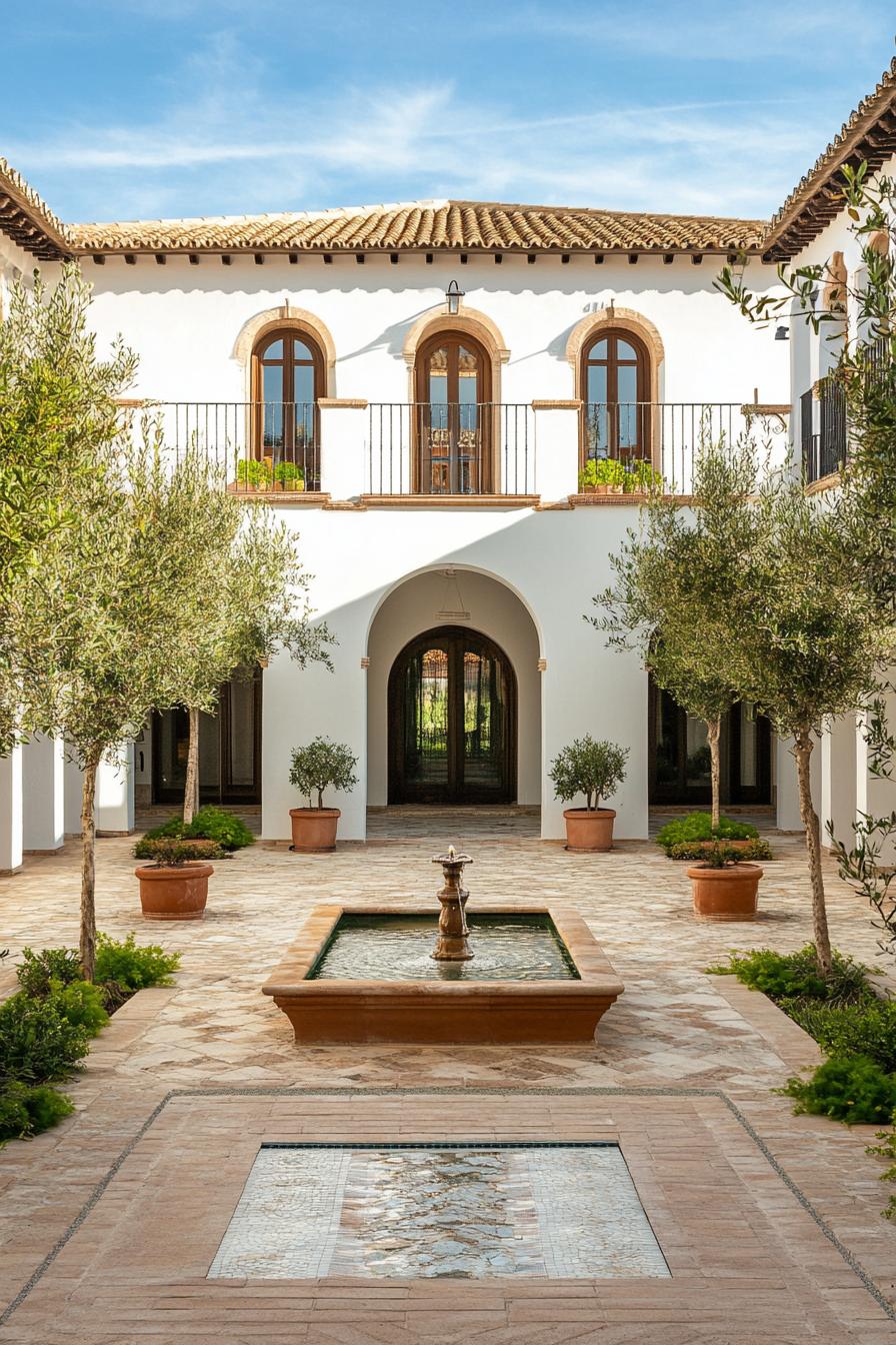 spanish villa courtyard with central fountain and olive trees