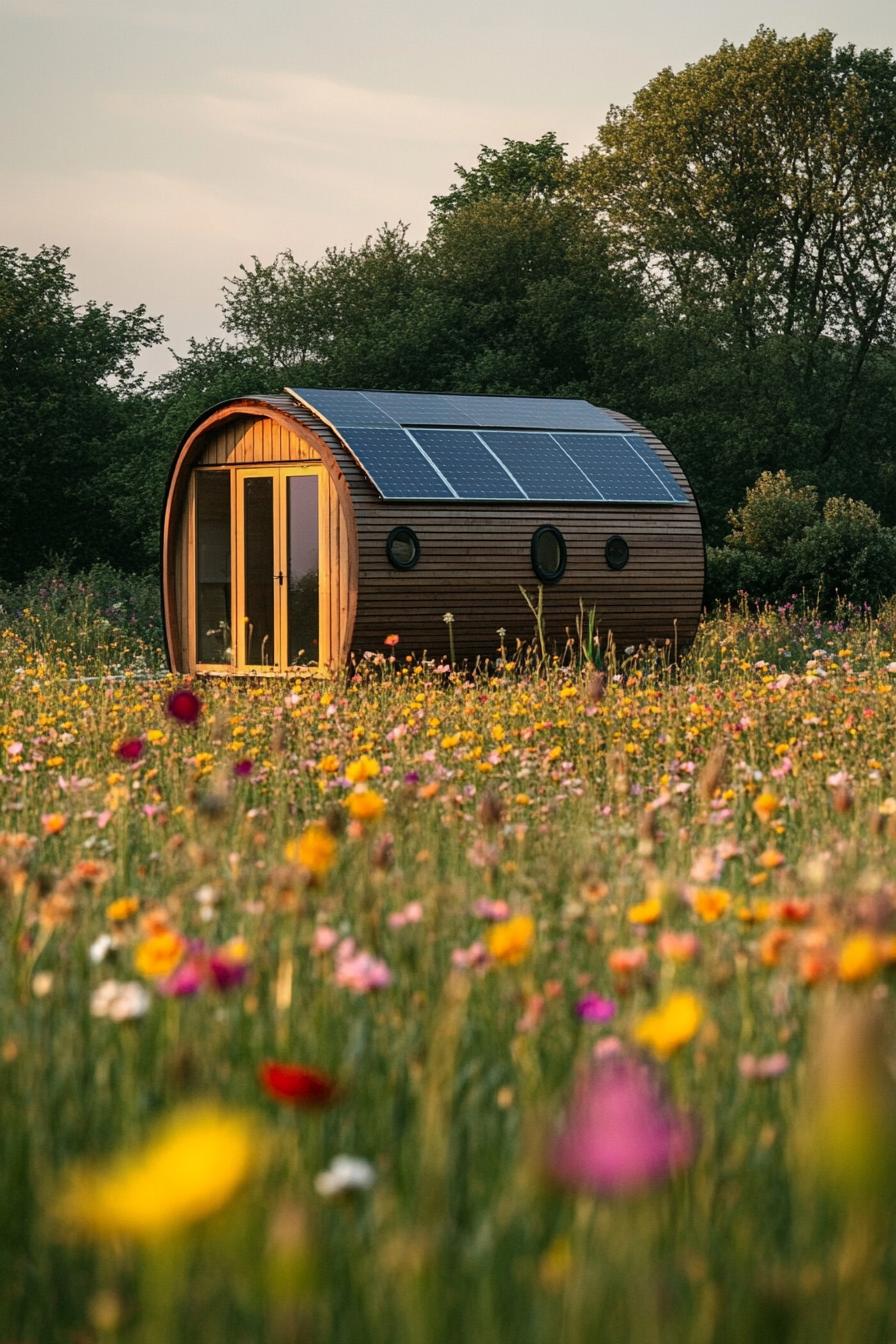 tiny eco pod prefab house with solar panel roof in wildflower meadow 1