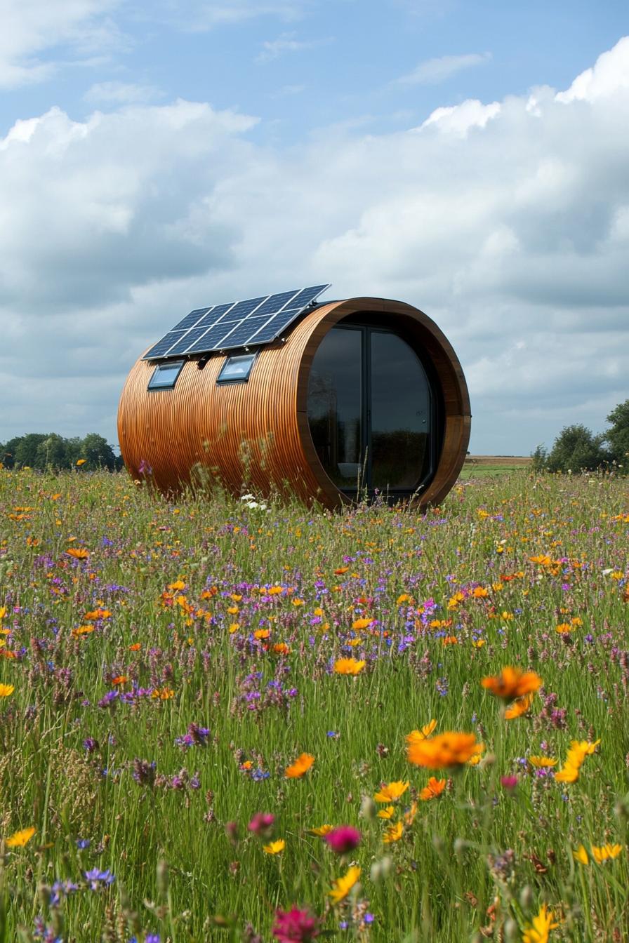 tiny eco pod prefab house with solar panel roof in wildflower meadow 2