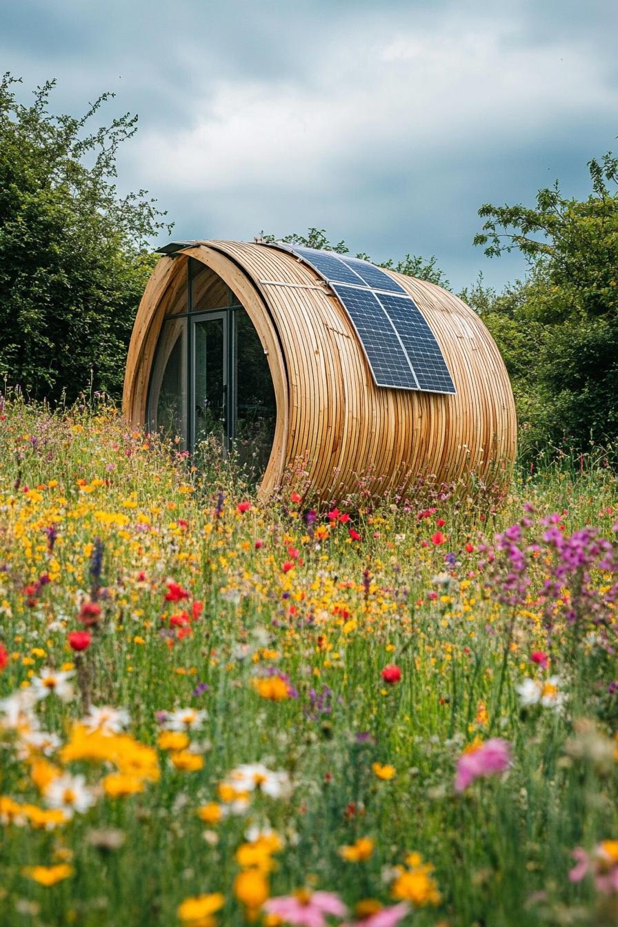 tiny eco pod prefab house with solar panel roof in wildflower meadow 3