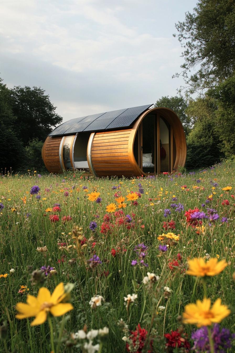 tiny eco pod prefab house with solar panel roof in wildflower meadow