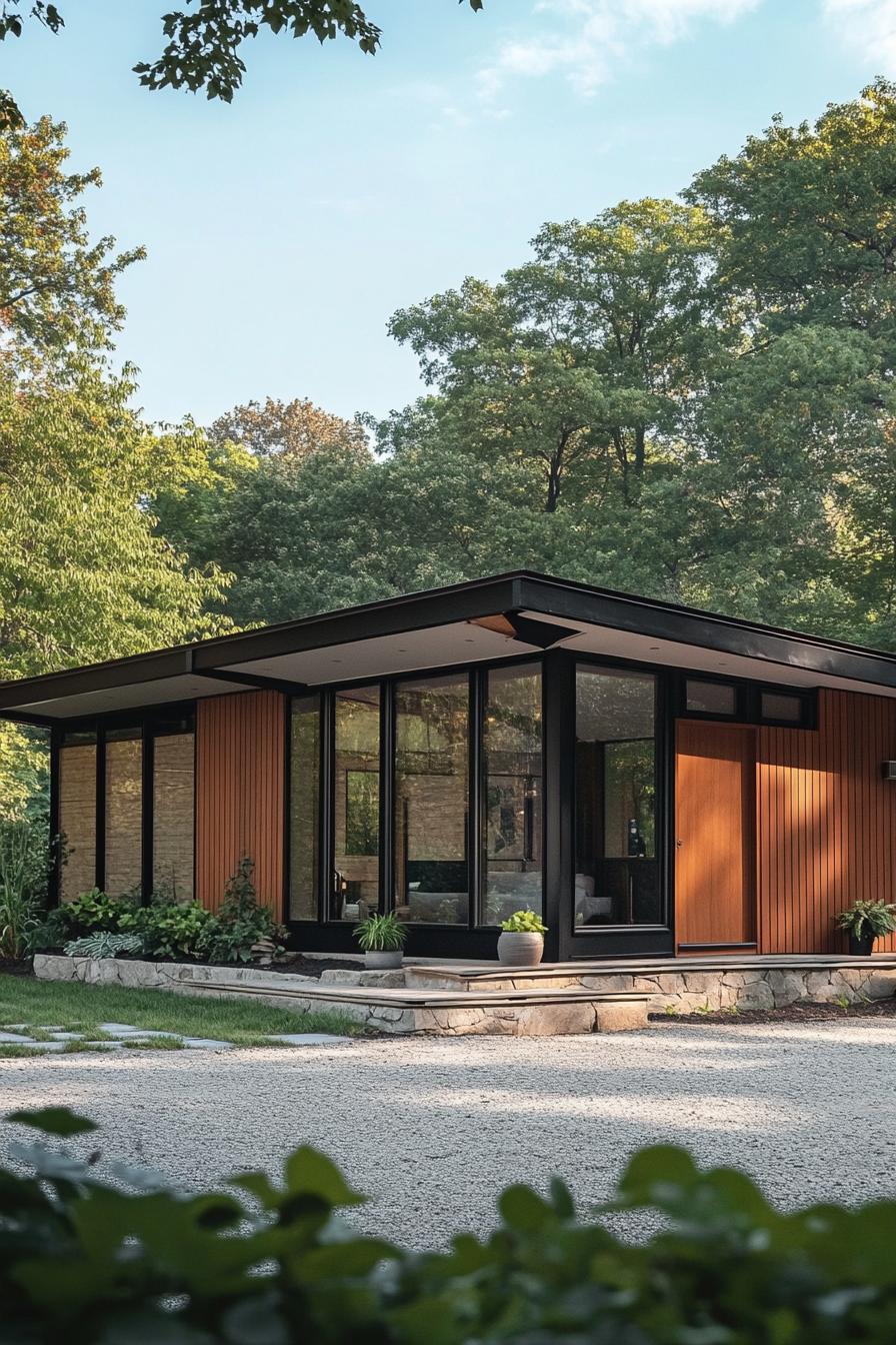 tiny mid century modern house facade flat roof with clerestory windows lake forest in the background 1