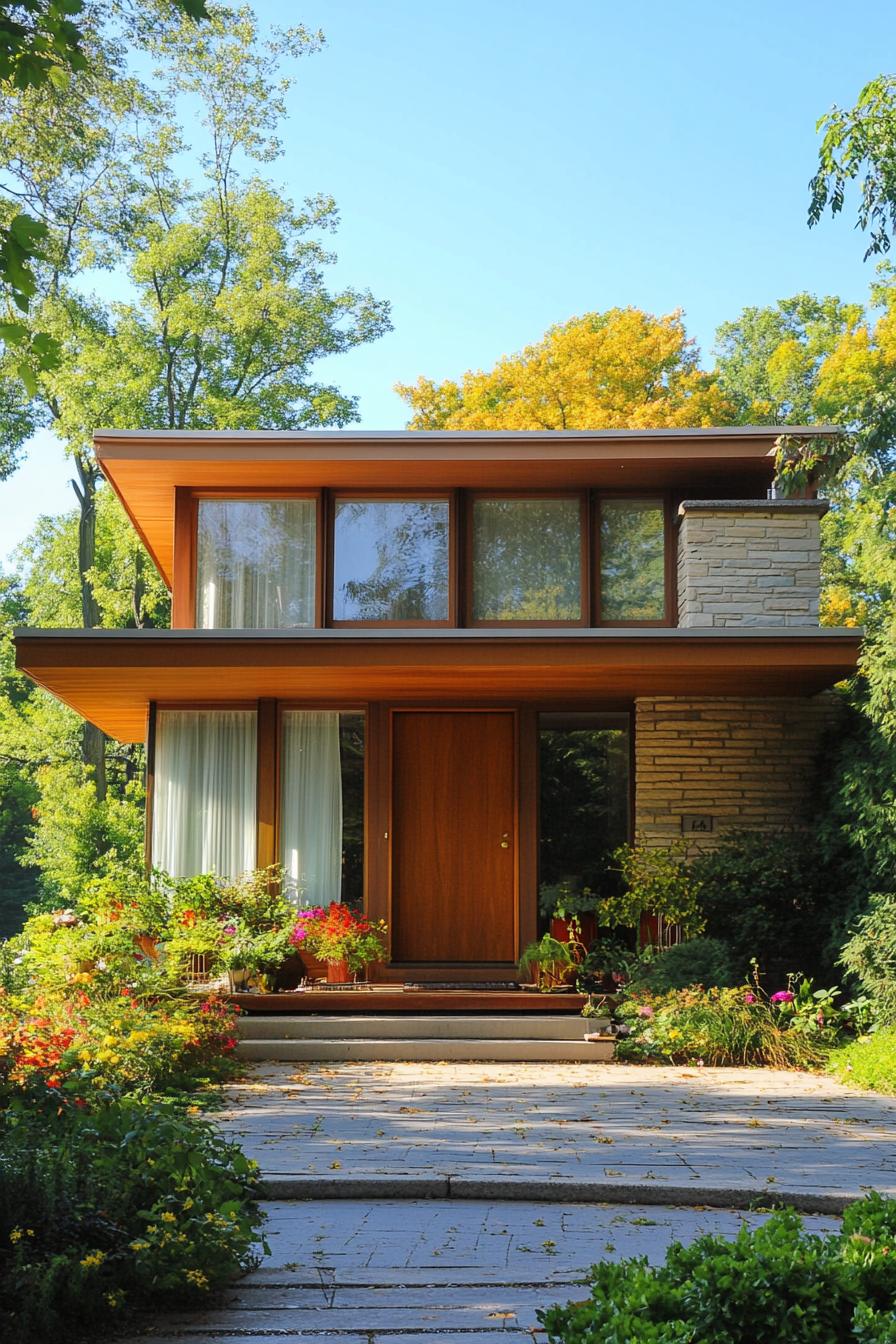 tiny mid century modern house facade flat roof with clerestory windows lake forest in the background 2