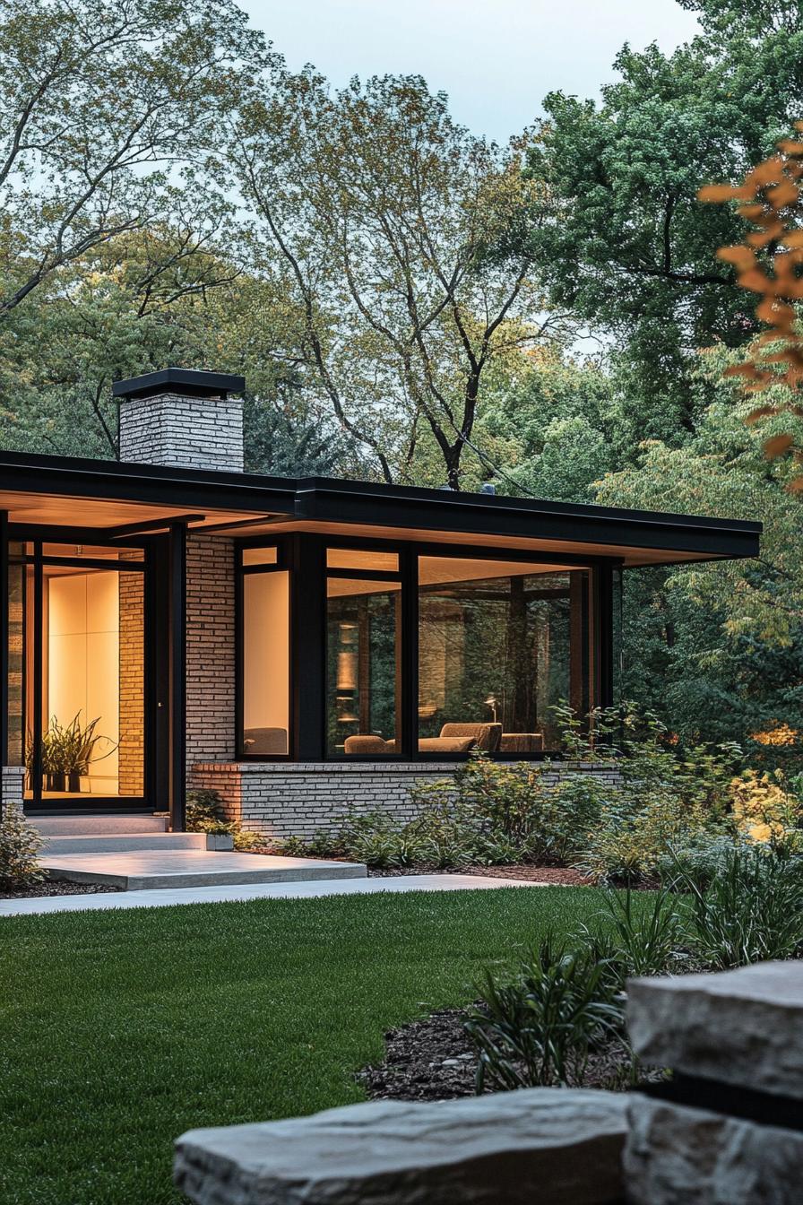 tiny mid century modern house facade flat roof with clerestory windows lake forest in the background 3