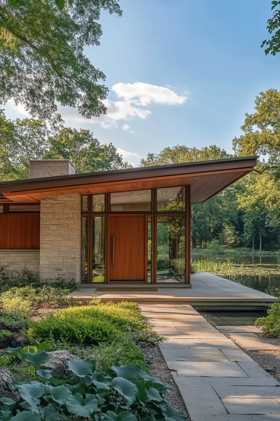 tiny mid century modern house facade flat roof with clerestory windows lake forest in the background