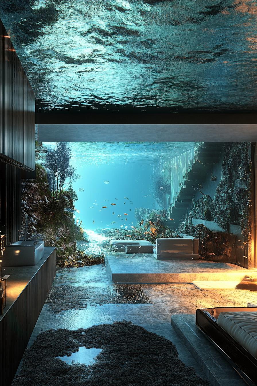 underwater luxury villa with underwater views from inside