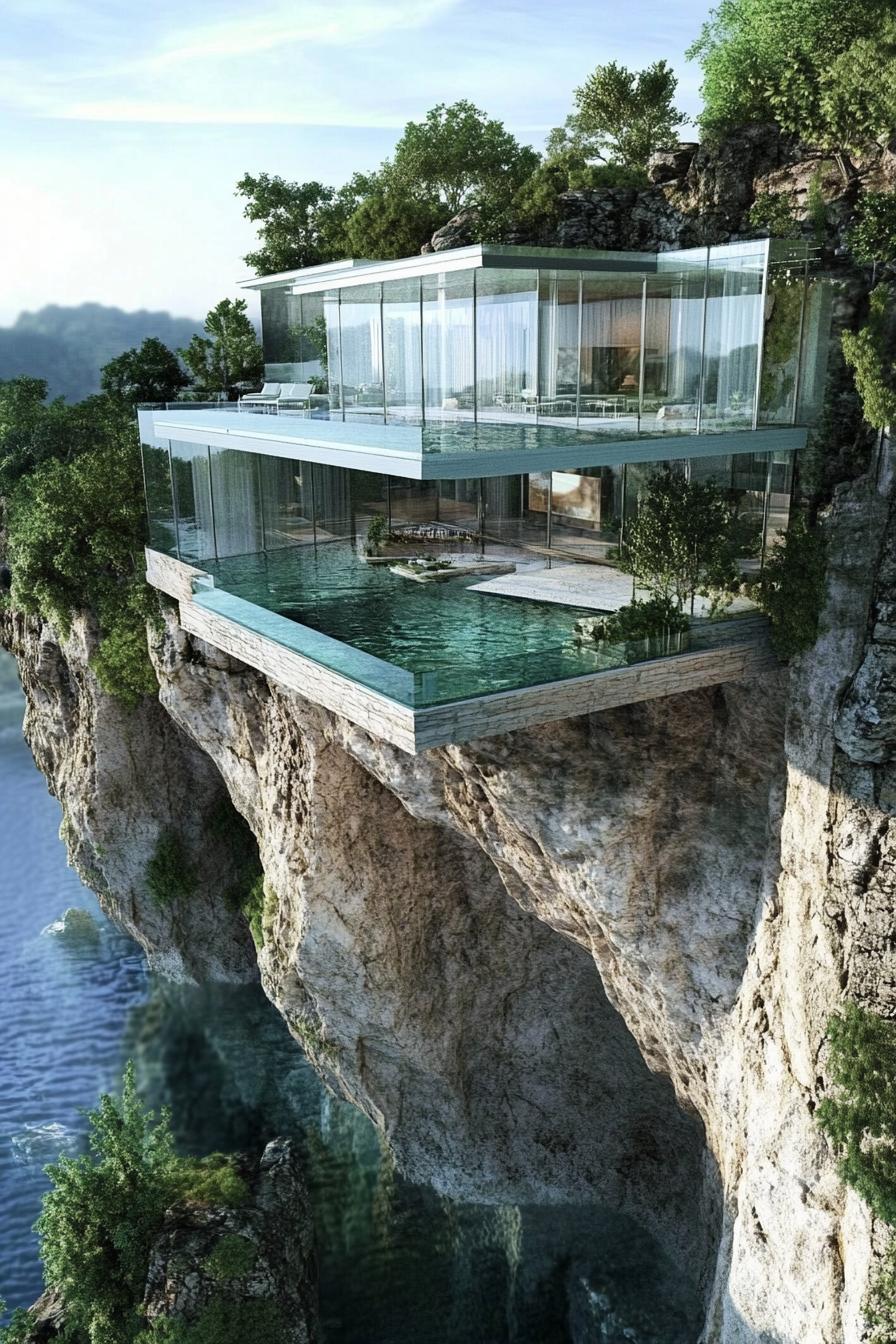 unique giant mansion on a cliff built entirely from glass with pools inner garden oasis view from near above 1