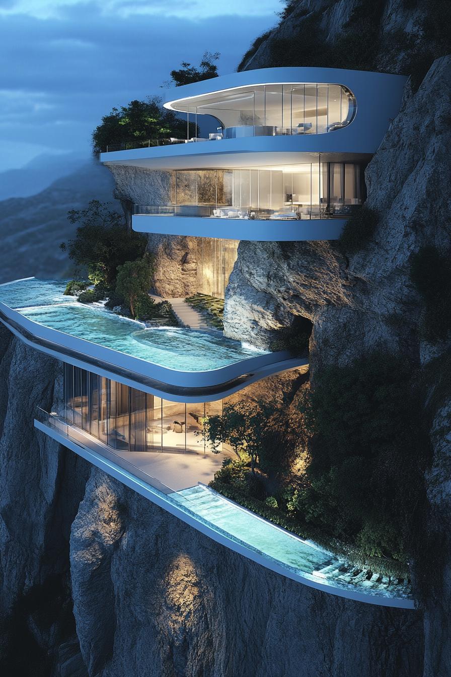 unique giant mansion on a cliff built entirely from glass with pools inner garden oasis view from near above 2