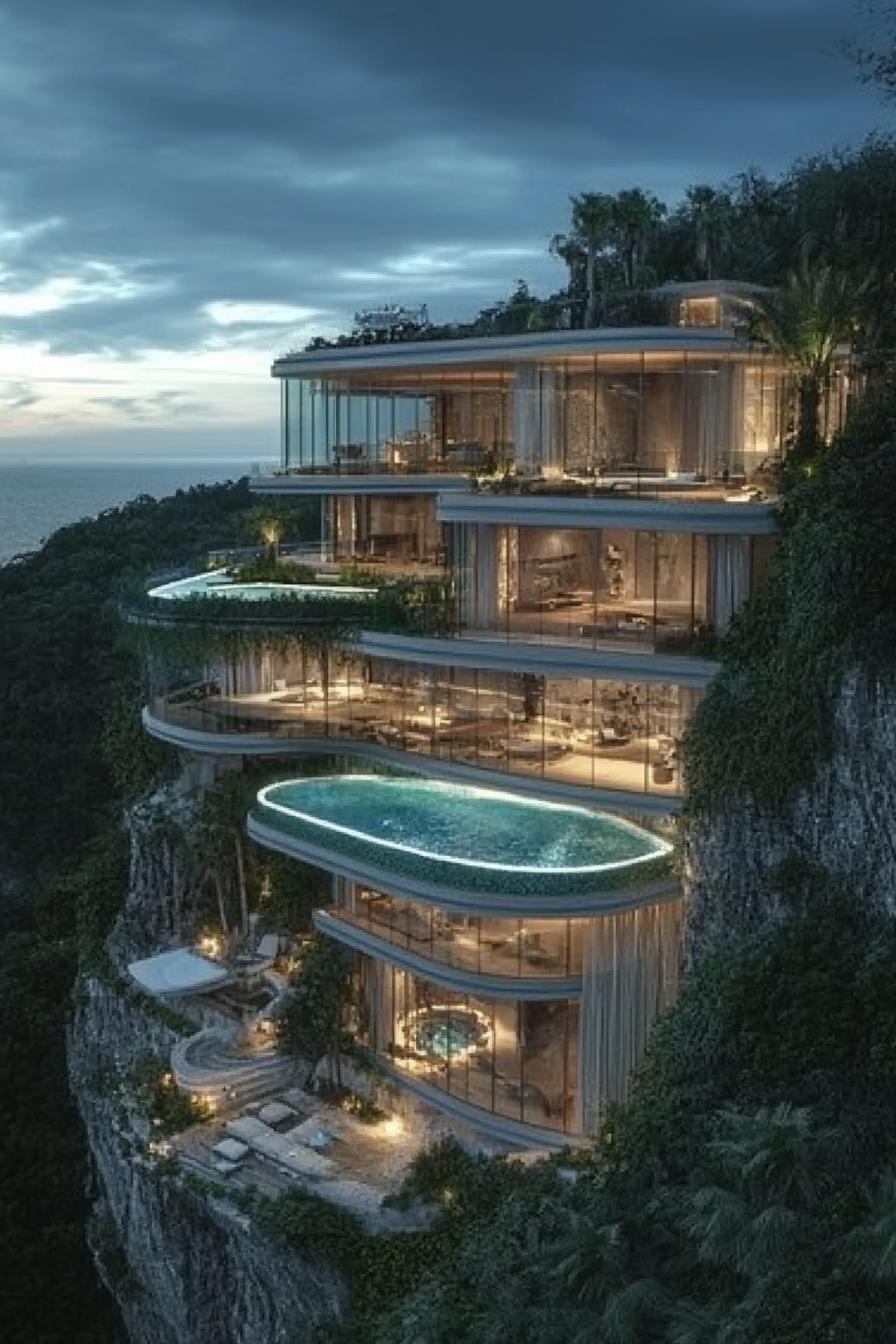 unique giant mansion on a cliff built entirely from glass with pools inner garden oasis view from near above 3