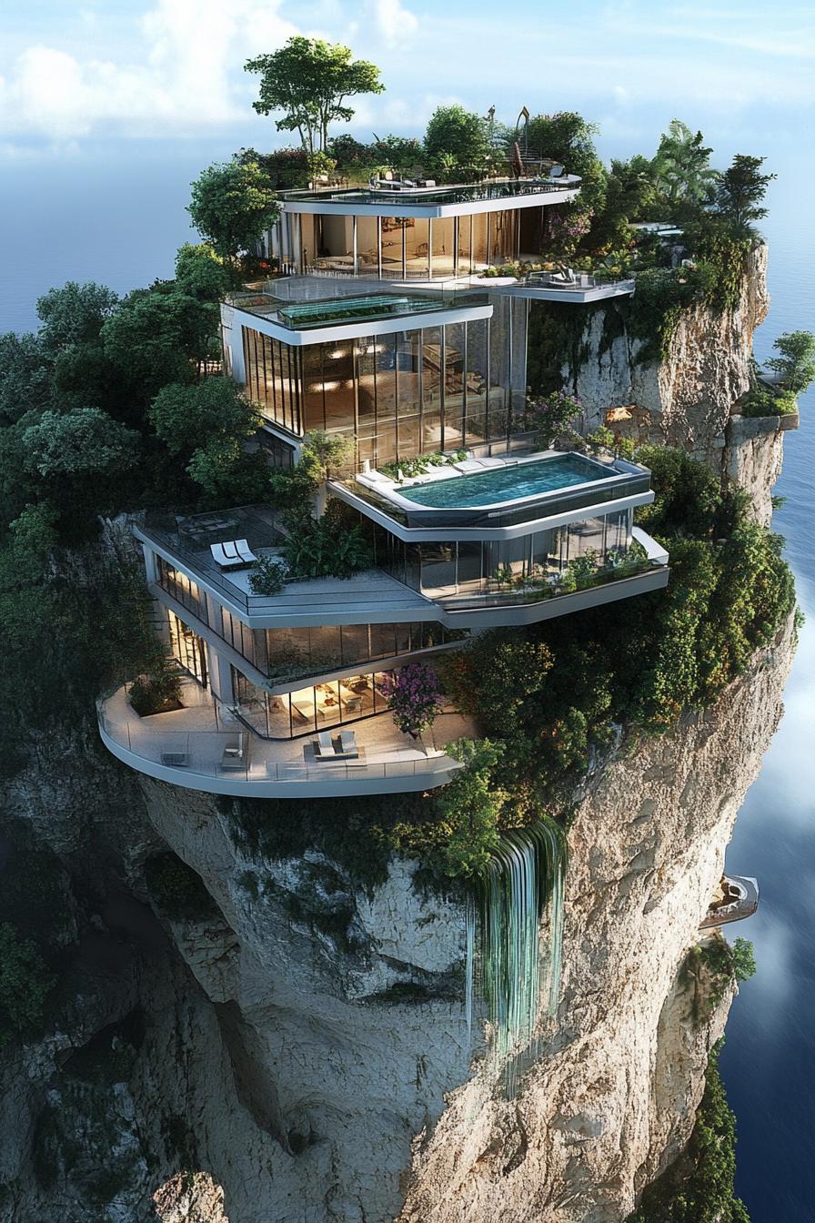 unique giant mansion on a cliff built entirely from glass with pools inner garden oasis view from near above