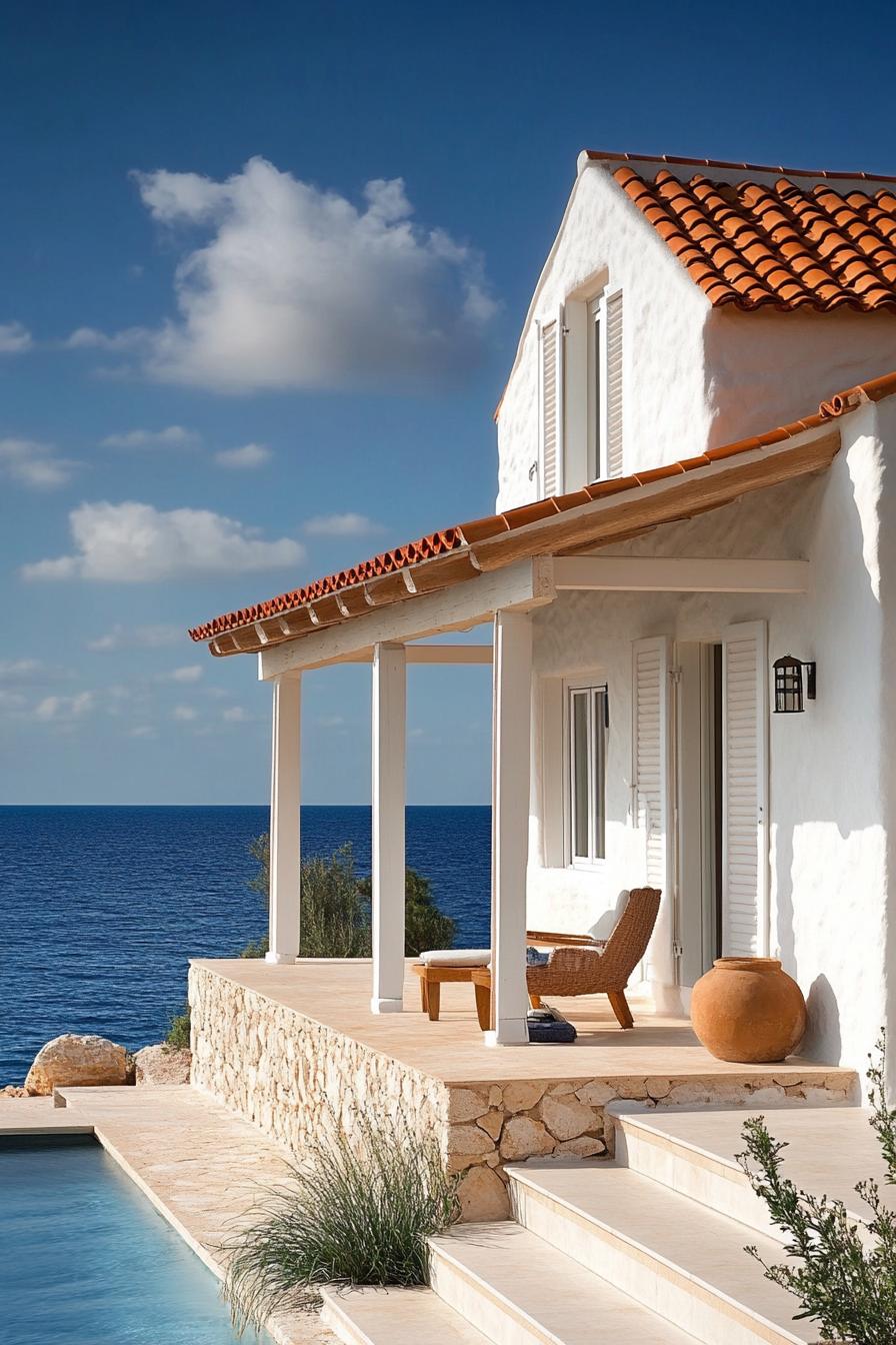 Greek island chalet modern facade with terracotta roof open veranda sea views 2