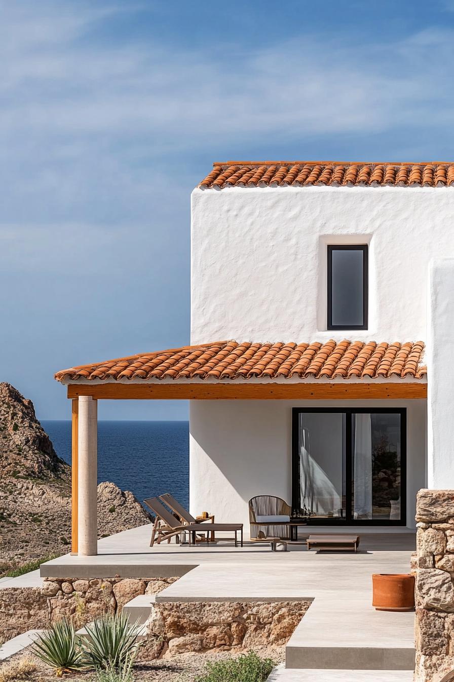 Greek island chalet modern facade with terracotta roof open veranda sea views