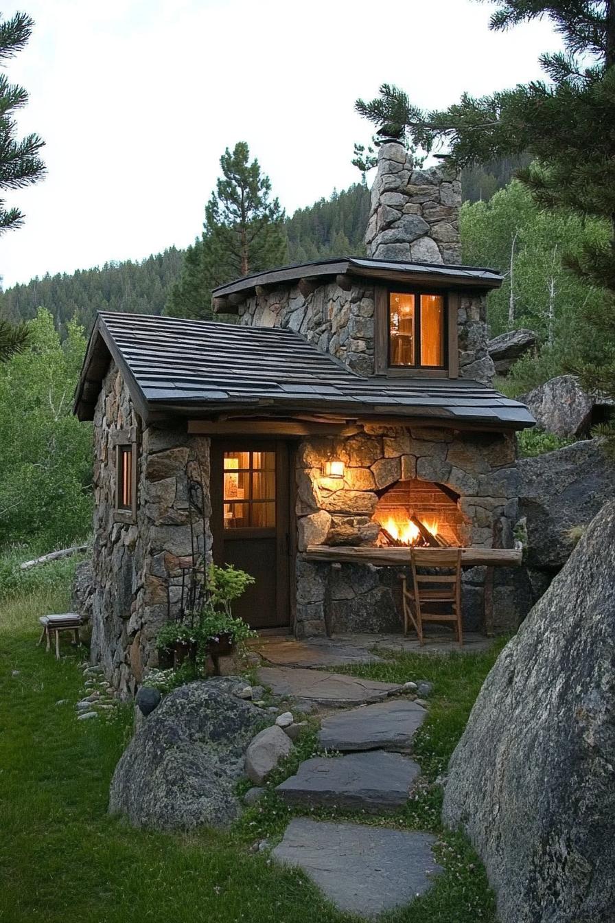 Tiny Mountain Home With a Compact Cozy Stone Fireplace 2