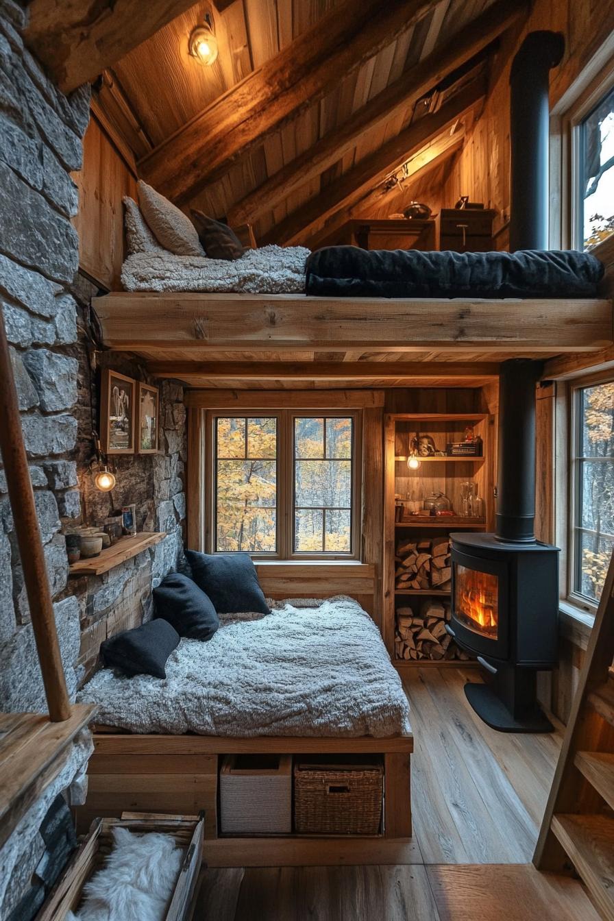 Tiny Mountain Home With a Compact Cozy Stone Fireplace 3