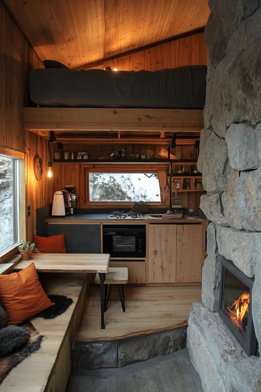 Tiny Mountain Home With a Compact Cozy Stone Fireplace