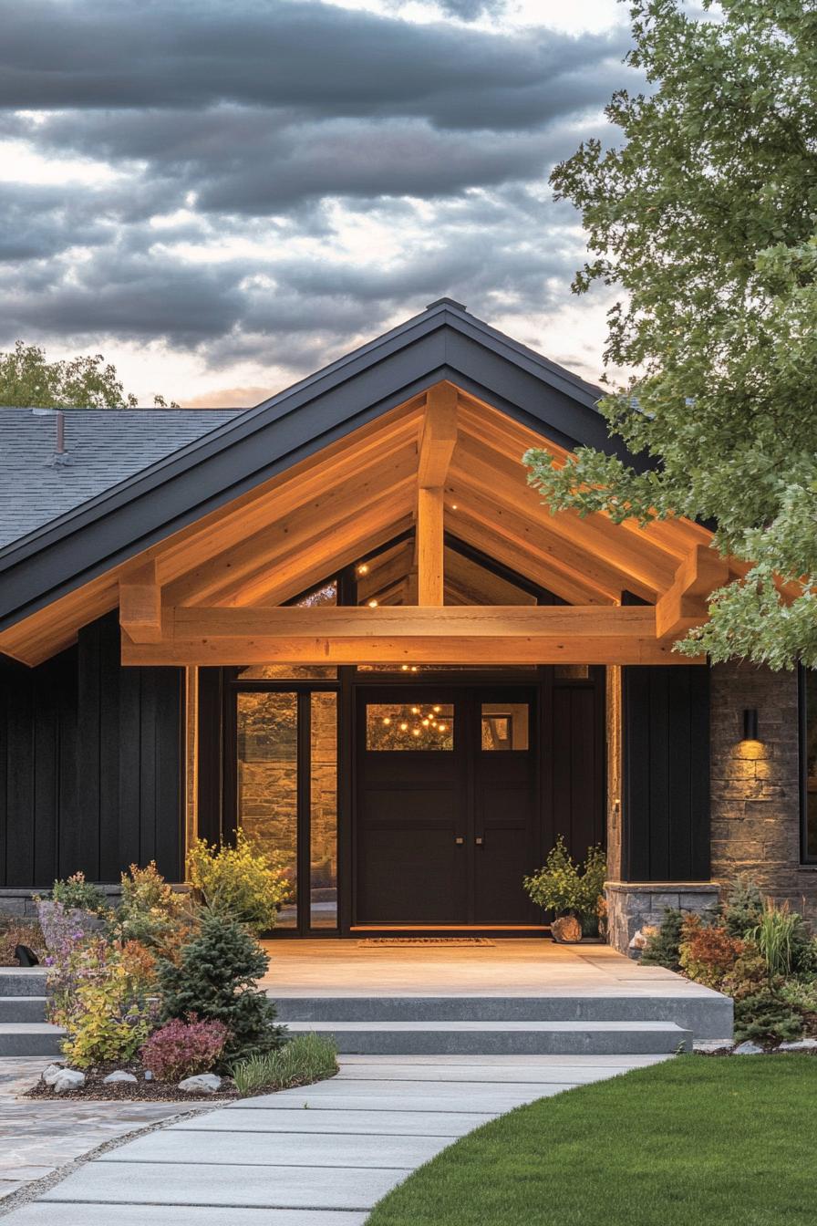 craftsman style mid century modern house facade with exposed wood beams and rafters in Scandinavian plains 1