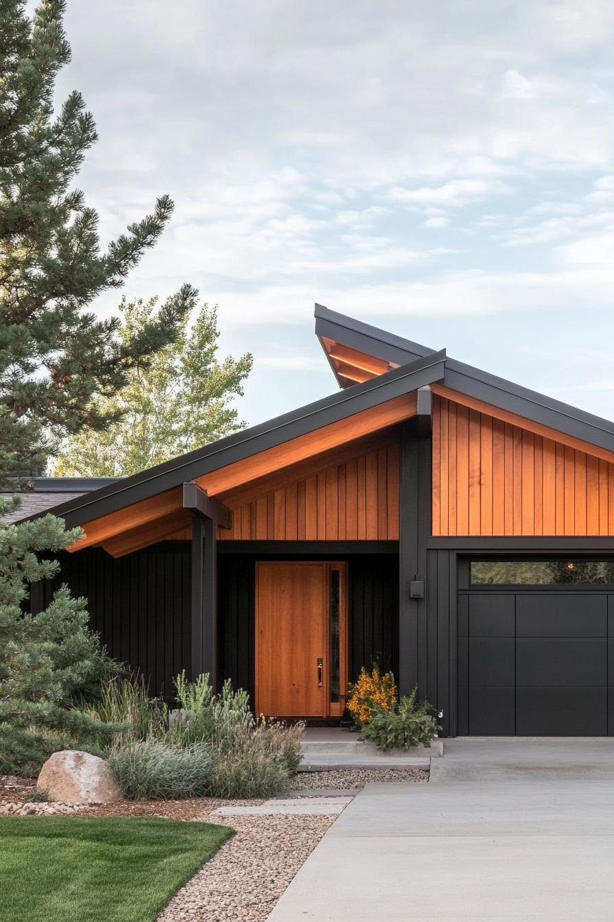 craftsman style mid century modern house facade with exposed wood beams and rafters in Scandinavian plains 2