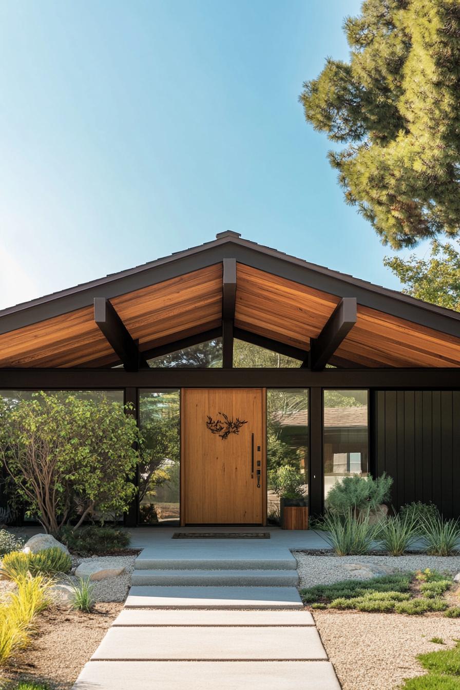 craftsman style mid century modern house facade with exposed wood beams and rafters in Scandinavian plains 3