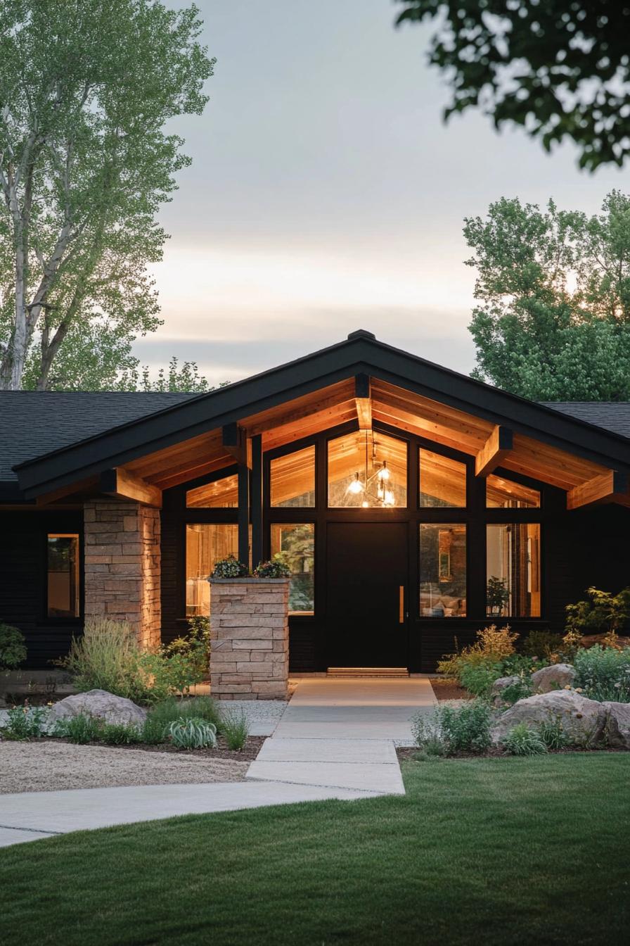 craftsman style mid century modern house facade with exposed wood beams and rafters in Scandinavian plains