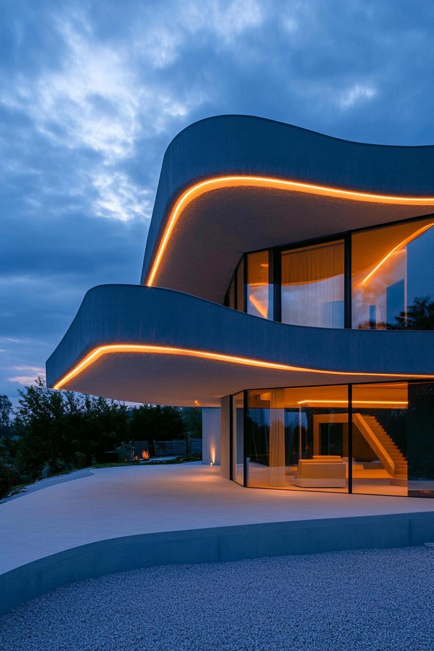 futuristic house with overhanging roof eaves with LED lighting 1