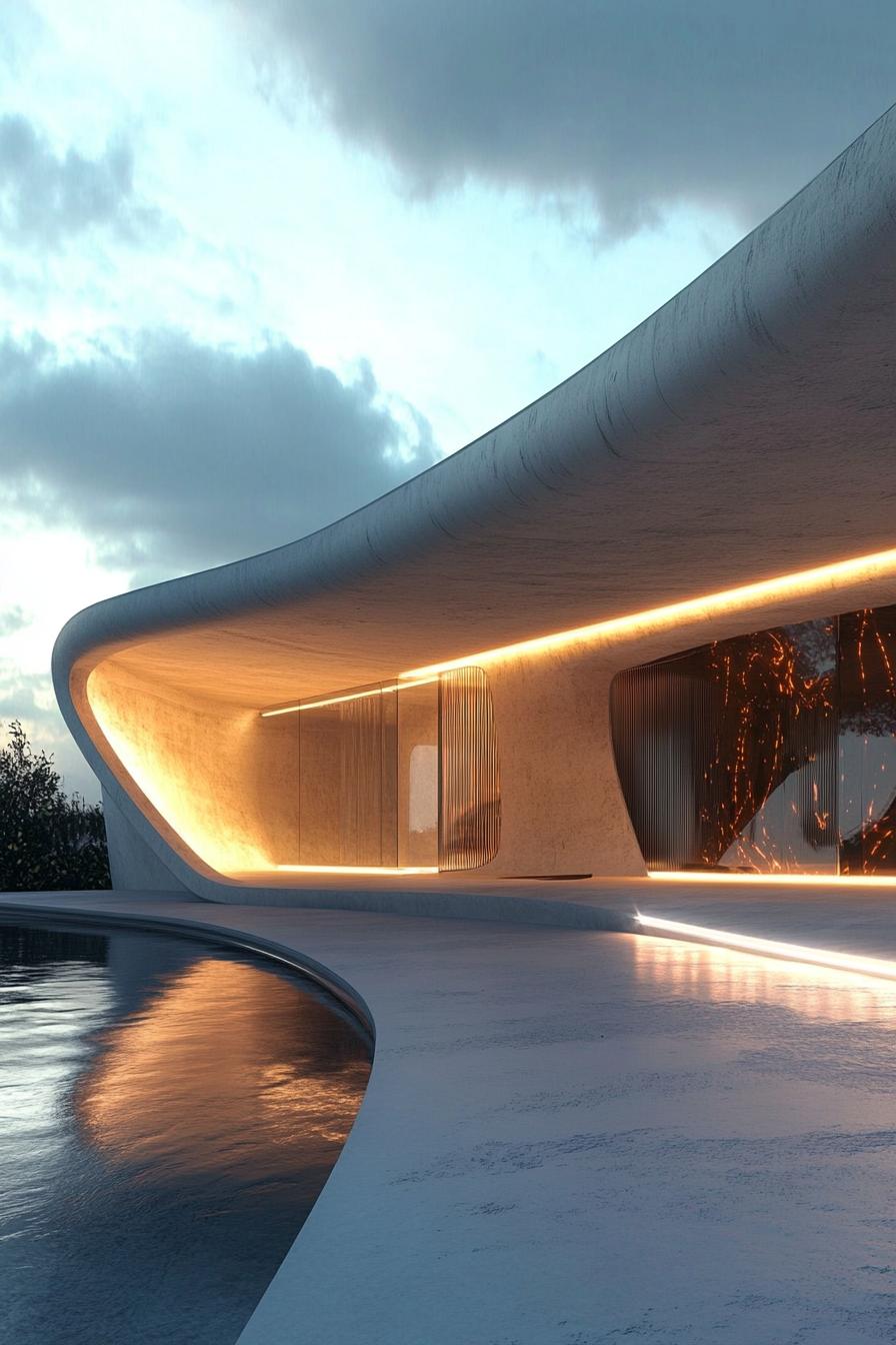 futuristic house with overhanging roof eaves with LED lighting 2