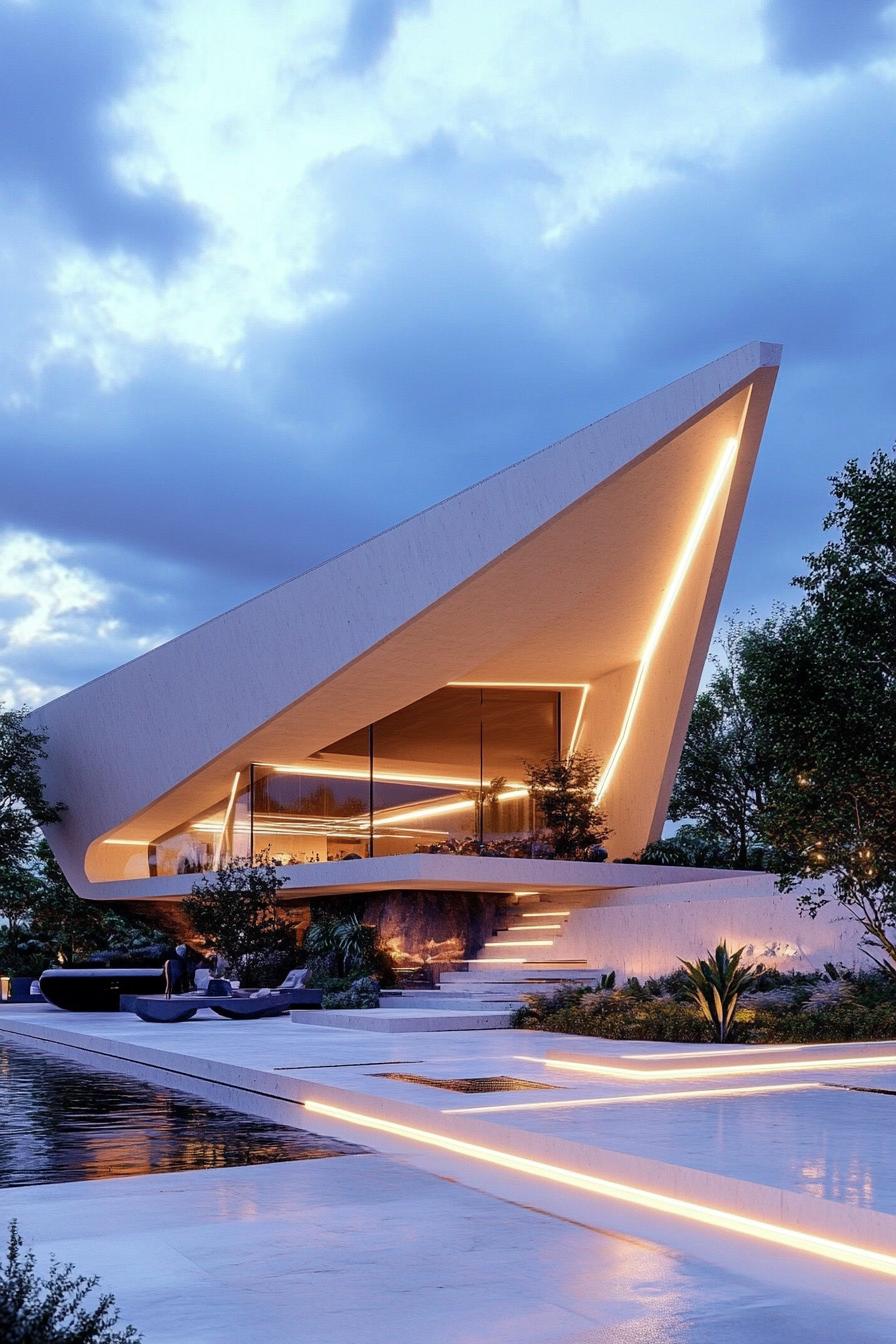 futuristic house with overhanging roof eaves with LED lighting 3