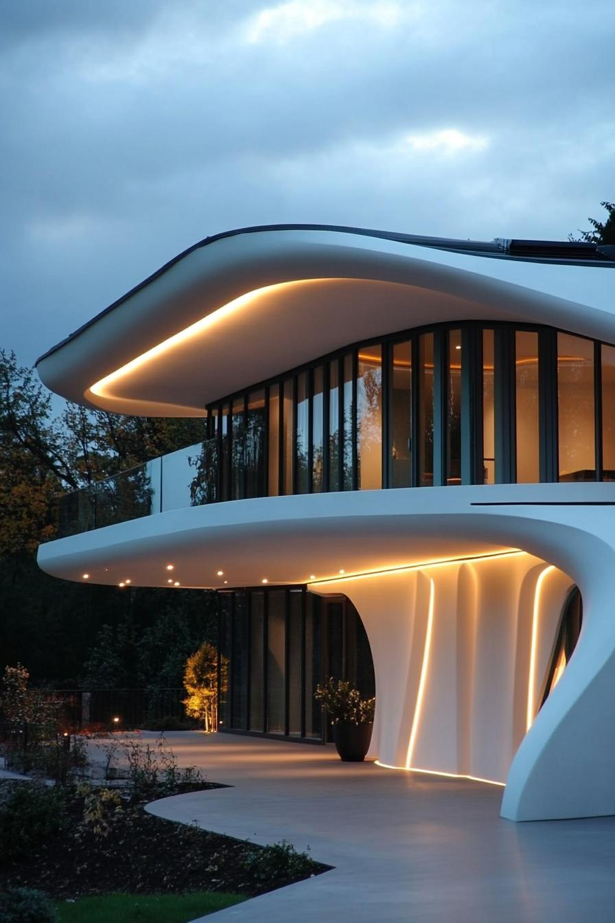 futuristic house with overhanging roof eaves with LED lighting