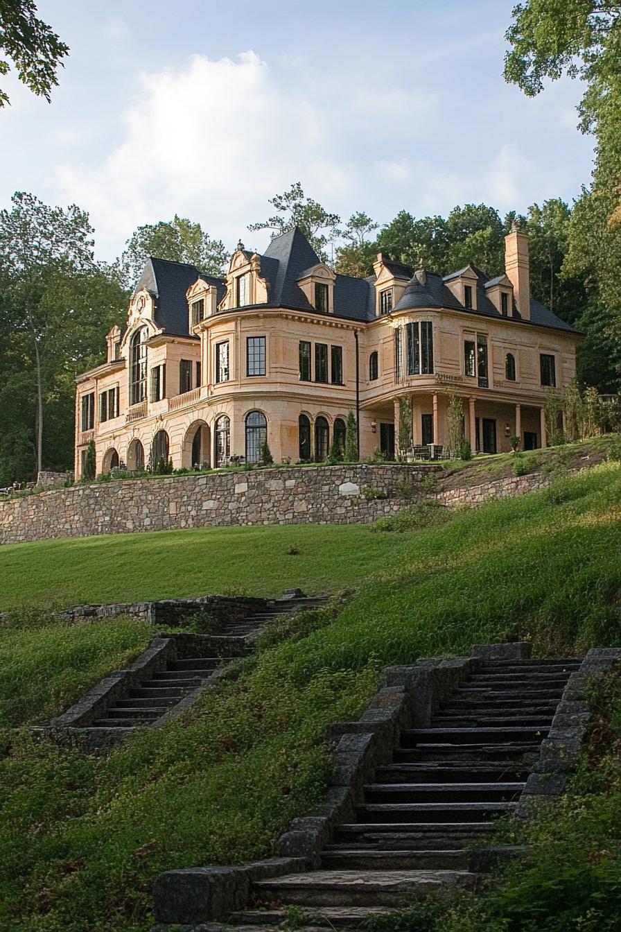 large hillside luxury manor estate with forest hiking trails wide angle view