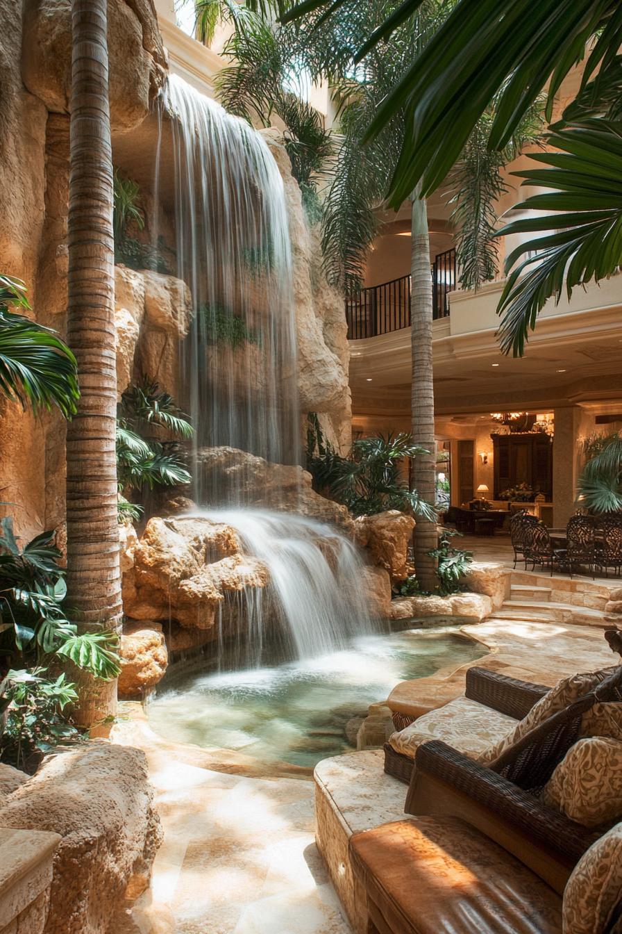 luxury desert mansion indoor oasis waterfall and garden 2