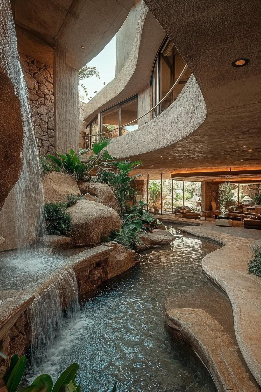 luxury desert mansion indoor oasis waterfall and garden 3