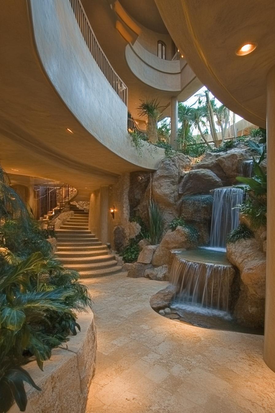 luxury desert mansion indoor oasis waterfall and garden