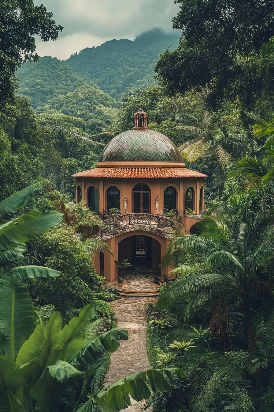 luxury dome mansion in lush tropical forest